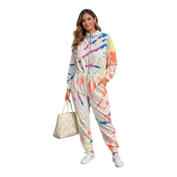 Lezat Neon Tie Dye Jumpsuit NWT Fleece Lined Zip Front One Piece
